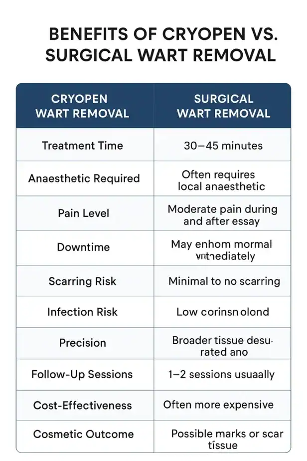 Table showing the benefits of cryopen to remove warts Essex compared to surgical treatment